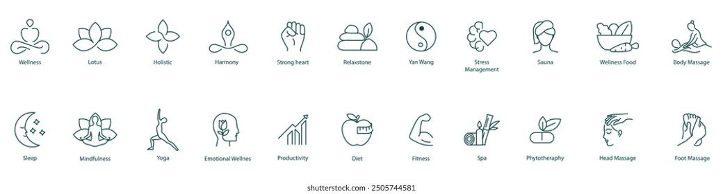 Vector Icons Set: Wellness, Lotus, Holistic, Harmony, Strong Heart, Relax Stone, Yarn Wand, Stress Management, Sauna, Wellness Food, Body Massage, Sleep, Mindfulness, Yoga, Emotional Wellness