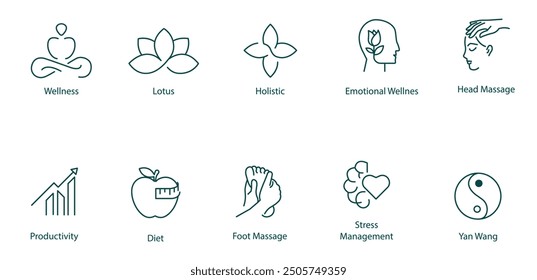 Vector Icons Set: Wellness, Lotus, Holistic, Emotional Wellbeing, Head Massage, Productivity, Diet, Foot Massage, Stress Management, Yang Wang