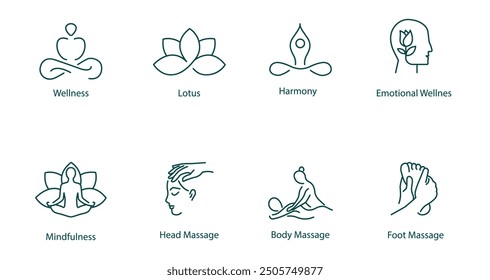 Vector Icons Set: Wellness, Lotus, Harmony, Emotional Wellness, Mindfulness, Meditation, Head Massage, Body Massage, Foot Massage