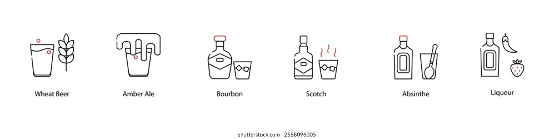 Vector Icons Set - Wheat Beer, Amber Ale, Bourbon, Scotch, Absinthe, Liqueur