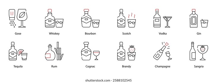 Vector Icons Set - Whiskey, Bourbon, Scotch, Gose, Vodka, Gin, Champagne, Sangria, Absinthe, Liqueur, Mezcal, Cider