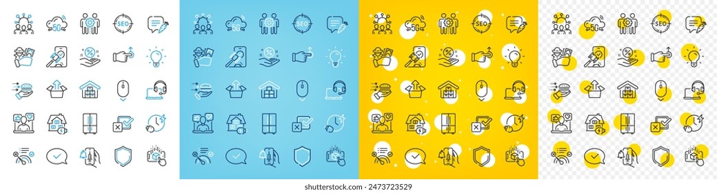 Vector icons set of Wholesale goods, Home charging and 5g cloud line icons pack for web with Consult, No internet, Loan percent outline icon. Light bulb, Squad, Drag drop pictogram. Vector