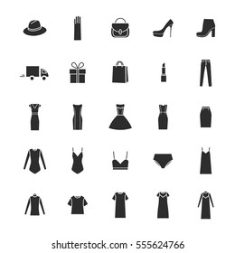 Vector icons set of  women's clothing and accessories. Shopping icons, delivery, gift.
