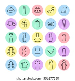 Vector icons set of  women's clothing and accessories, delivery, gift. Fashion set.