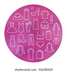 Vector icons set of  women's clothing and accessories on blurred background. Fashion icons in circle