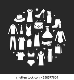 Vector icons set of  women's clothing and accessories, isolated on black background. Fashion icons in circle. White print on a black background.