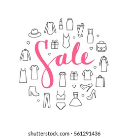 Vector icons set of  women's clothing and accessories. Caption sale. Vector illustration on white background. Concept advertising. 