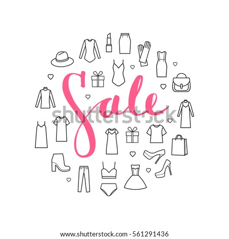 Vector icons set of  women's clothing and accessories. Caption sale. Vector illustration on white background. Concept advertising. 