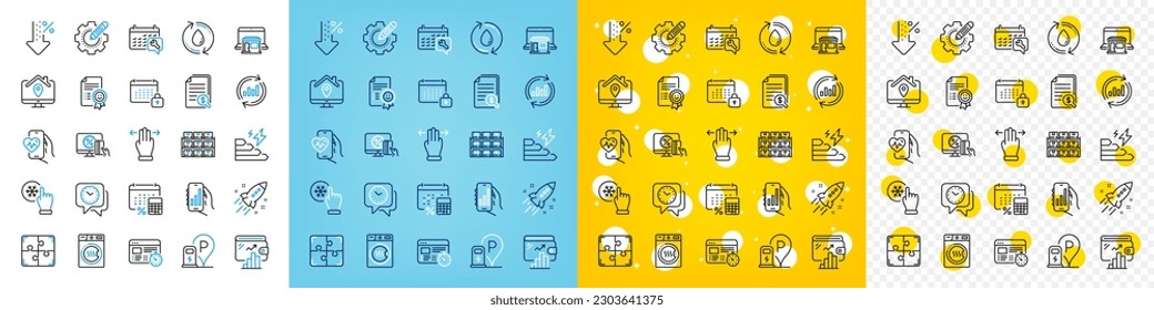 Vector icons set of Work home, Online shopping and Startup rocket line icons pack for web with Freezing click, Puzzle, Consumption growth outline icon. Charging station, Clock. Vector