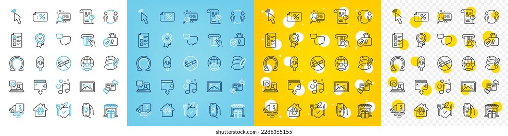Vector icons set of Workflow, Tested stamp and Voting ballot line icons pack for web with Speech bubble, Pillow, Discount banner outline icon. Search, Photo, Report pictogram. Vector