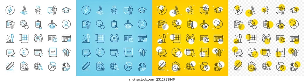 Vector icons set of Write, Pound money and Job interview line icons pack for web with Court judge, Square meter, Headshot outline icon. Pie chart, Instruction manual, Inspect pictogram. Vector