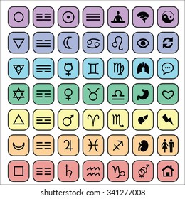 Vector icons set for yoga and chakras symbols geometrical, horoscope, symbolical, organs, planets