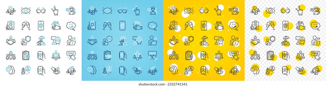 Vector icons set of Yummy smile, Inspect and Teamwork line icons pack for web with Builder warning, Video conference, User call outline icon. Ethics, Clapping hands. Vector