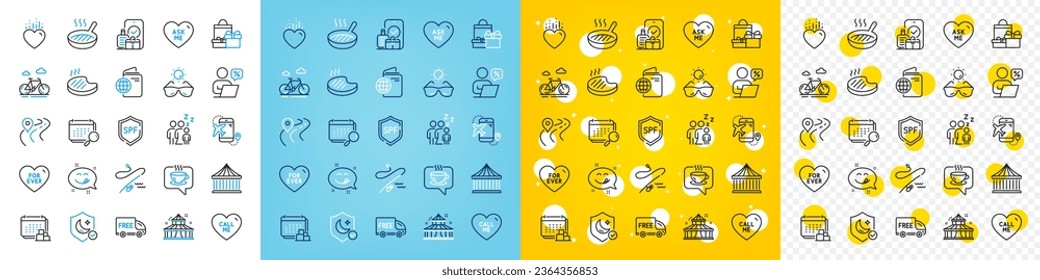 Vector icons set of Yummy smile, Flight destination and Sleep line icons pack for web with Calendar, Circus, Spf protection outline icon. Heart, Bike, Ask me pictogram. Online discounts. Vector