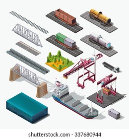 Vector icons set.Structure Isolated industrial themes. Boat, car, truck, train, bridge, container.