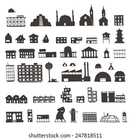 Vector icons of several types of buildings from ordinary houses for living, to the traditional houses, churches, pyramid, mosque, temple, factory, modern and future houses.