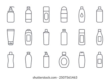 Iconos vectoriales de botella de champú. Cosméticos de cuidado, acondicionador para la belleza y la salud del cabello. Envases orgánicos de plástico sostenibles. Bálsamo de jabón líquido, máscaras hidratantes. Conjunto de líneas finas de trazo editable.