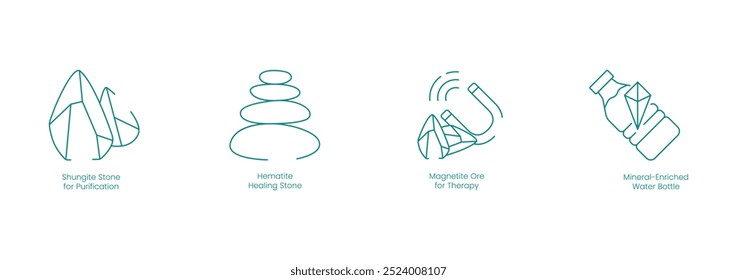 Vector Icons of Shangain Stone for Purification, Hematite Healing Stone, Magnetite Ore for Therapy, and Mineral Enrich Water Bottle for Wellness and Therapy Products