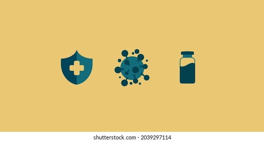 Vector icons of shield protection, corona virus, and vaccine bottle. covid-19 concept for website, post, card, promotion. Keep safe.