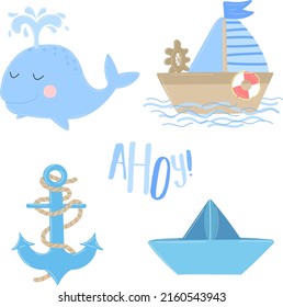 Vector icons of ship, anchor, whale, boat with the inscription Ahoy. Illustration on the sea theme for a boy sailor. Invitation card for a holiday, birthday, Babt Shower, print