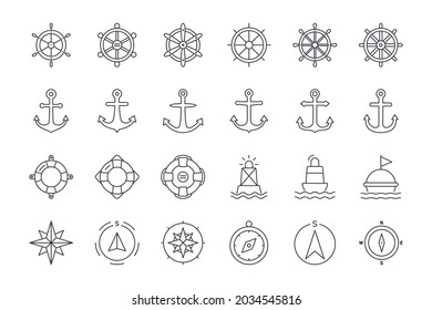 Vector icons of ship steering wheel, anchor, lifebuoy and buoy, compass, wind pose. Editable stroke. Set of linear nautical icons