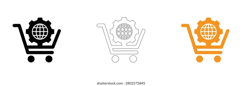 Vector icons of shopping carts with gear and globe, symbolizing online shopping and settings, in black, gray, and orange on white background