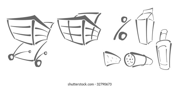 Vektorsymbole zum Einkaufen - Einkaufswagen, Prozent, Essen