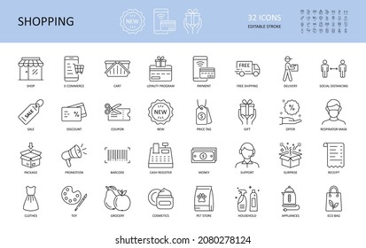 Vector icons of shopping, e-commerce. Editable Stroke. Shop delivery free shipping cart, loyalty program. Payment coupon sale money, cash register, discount. New gift package box support toy grocery