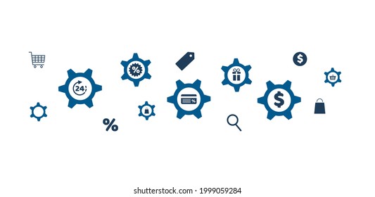 Vector icons for shopping, gears, price tags, gift. Shopping, shop symbol. Vector flat cartoon illustration isolated on white background, eps 10.