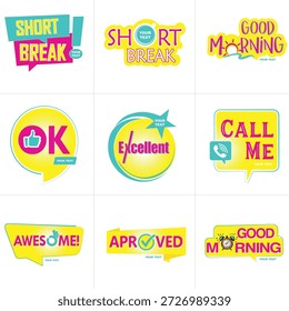 Iconos del vector, escapada corta, buenos días, bien, excelente, llamada
 Yo, impresionante, aprobado iconos para App y redes sociales. Amarillo Color rosa y azul.
