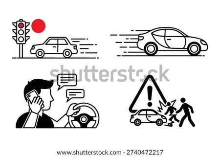 Vector icons show car crash distracted driving traffic light and pedestrian warning signs for road safety