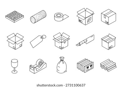 Ícones vetoriais exibindo materiais e ferramentas essenciais de embalagem, incluindo caixas, fita, plástico bolha, etiquetas de embalagem e muito mais. Perfeito para empresas envolvidas no transporte, embalagem ou e-commerce, esta coleção inclui tudo o que você precisa para embalagem e transporte seguro.