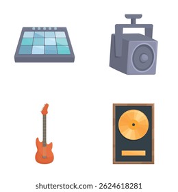 Vector icons showcasing music production equipment including a midi controller, studio speaker, electric guitar, and vinyl player