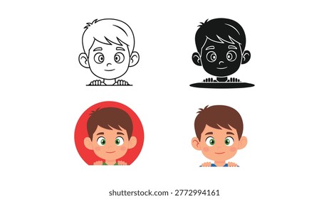 Vector icons showcasing the upper body and face of a boy peeking from behind an edge, with variations in outline, silhouette, and full color.