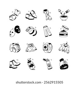 Vector icons showcasing a variety of clothing, accessories, and skincare products