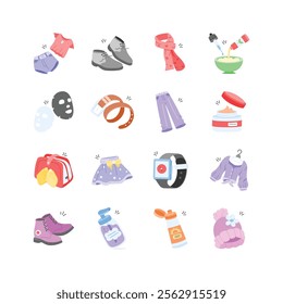 Vector icons showcasing a variety of clothing, accessories, and skincare products