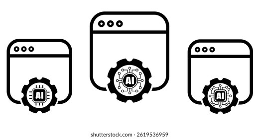 Vector icons showing AI automation in web development and browser technology. Ideal for artificial intelligence integration, smart systems, and digital innovation projects