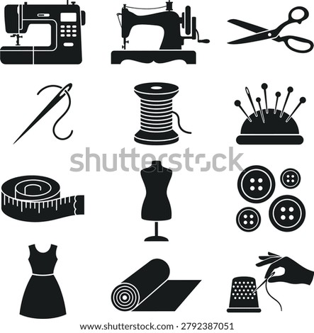 Vector icons showing professional dressmaking tools sewing equipment notions fabric rolls sewing machines and garment making accessories isolated on grid.