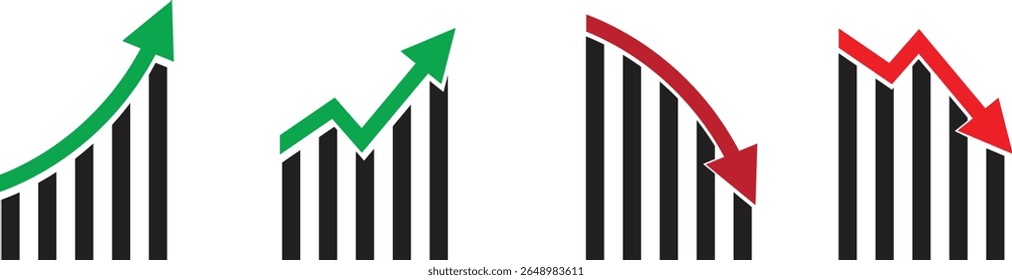 Ícones de vetor mostrando tendências de elevação e queda do gráfico de barras. As setas verdes para cima e vermelhas para baixo mostram o crescimento e o declínio financeiros. Perfeito para relatórios, painéis e apresentações.