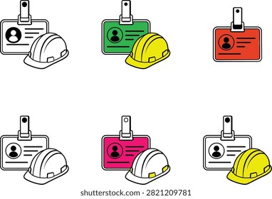 Vector icons showing safety badges with various colored helmets and identification cards for workplace safety.