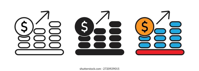 ícones de vetor mostrando pilhas de moedas com uma seta para cima. Excelente para representar crescimento financeiro, aumento de lucros, sucesso de investimento, tendências de mercado e acumulação de riqueza.