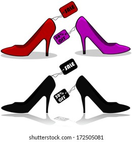 Vector icons showing women's shoes with tags showing they're on sale
