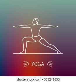 Vector icons and signs in trendy linear style - yoga poses and asanas - man practicing yoga-Design elements for yoga poster.Virabhadrasana II.