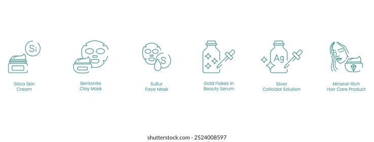 Iconos vectoriales de crema de piel de sílice, máscara de arcilla de bentonita, máscara facial de azufre, suero de belleza de piel en escamas de oro, solución coloidal de plata y Producto de botella de agua enriquecida con minerales para el cuidado de la piel y la belleza