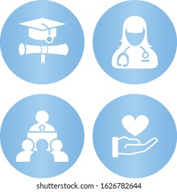 
Vector icons for site navigation, intagram and internet. White image on a blue background. The icons depict science, study, doctor, likes, conferences