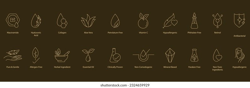 Vector Icons for Skincare Ingredients: Niacinamide, Hyaluronic Acid, Collagen, Aloe Vera, Petroleum-Free, Vitamin C, Retinol, Omega-3, Non-Comedogenic, AHA, Beta Hydroxy Acid, Salicylic Acid, Paraben-