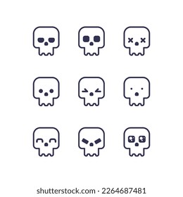Iconos vectores de cráneos. Diferentes emociones de cráneos. Iconos simples y lindos del cráneo.