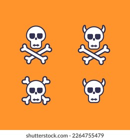 Vector icons of skulls. Different variations of skulls with horns and bones. Simple and cute skull icons.