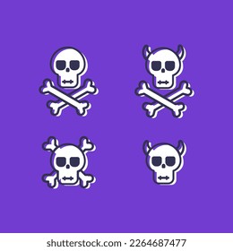 Vector icons of skulls with shadows. Different variations of skulls with horns and bones. Simple and cute skull icons.