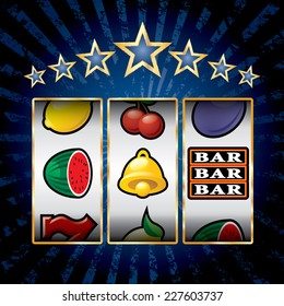 vector icons at slot machine on blue burst background